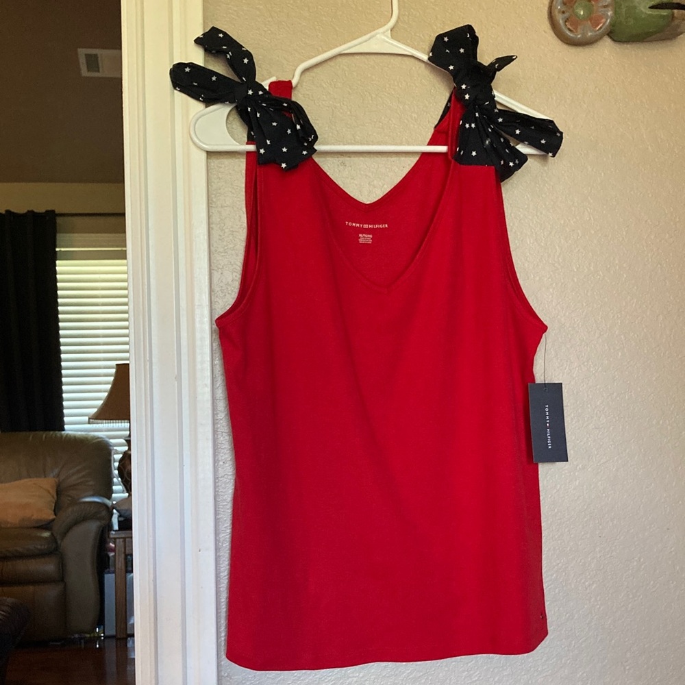 🐝NWT Tommy Hilfiger Red Sleeveless Top with Polka Dot Ties XL
